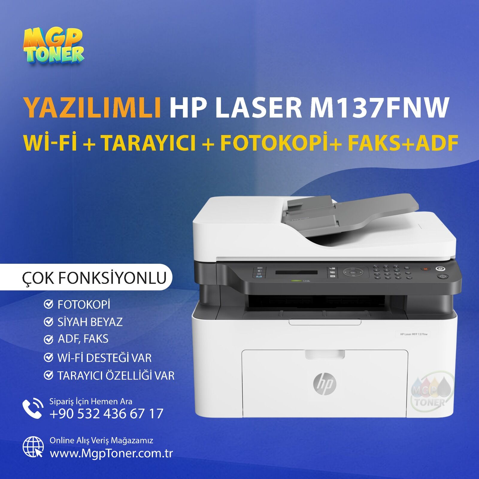 HP Laser MFP 137fnw Wi - Fi Faks Fotokopi Tarayıcı Lazer Yazıcı 4ZB84A yazılımlı sınırsız chipli