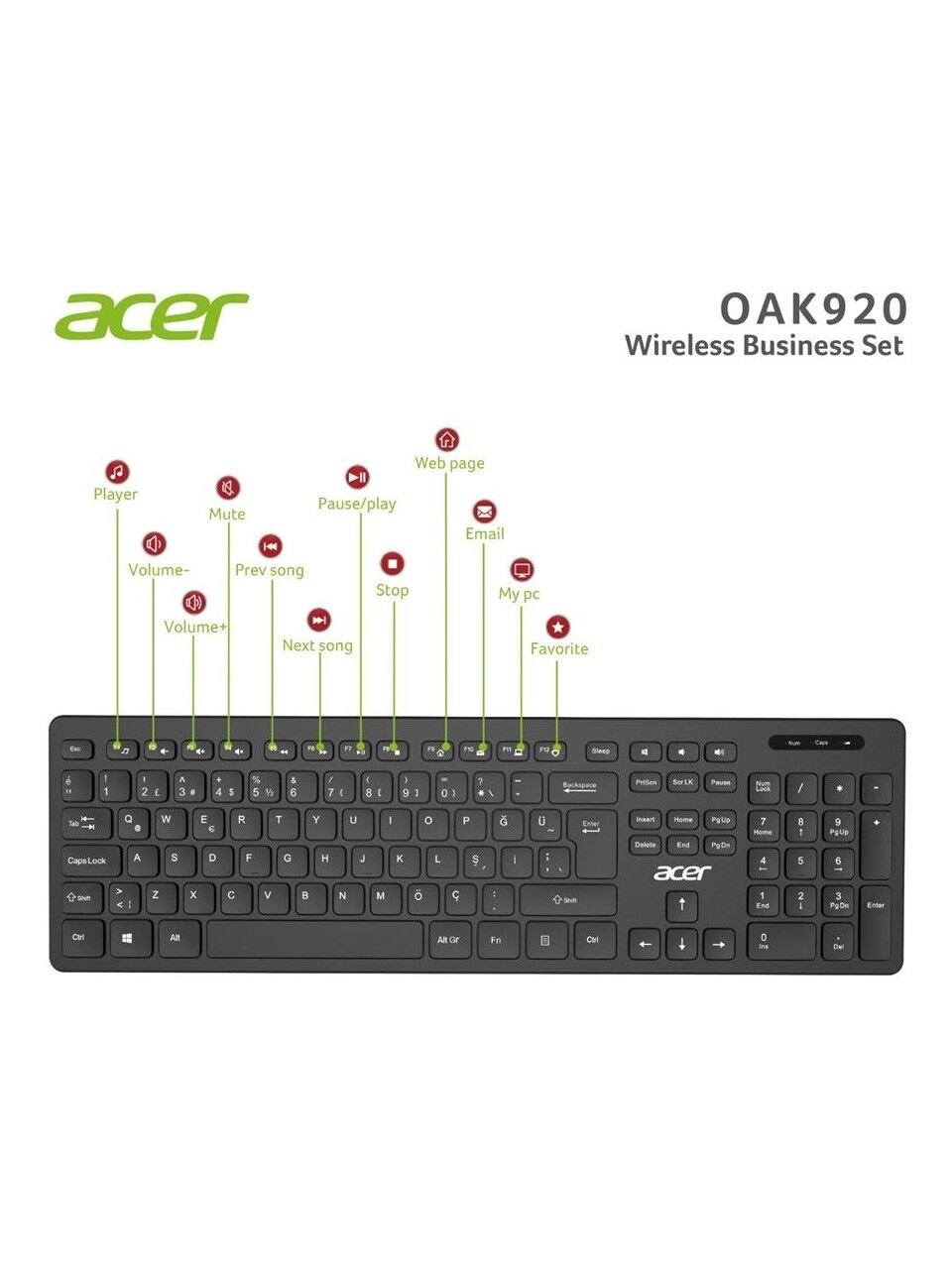 Acer OAK920 Q Usb SİYAH 1.8mt Kablolu Klavye/Tek Tuş Hesap Makinalı (Sessiz Tuş)