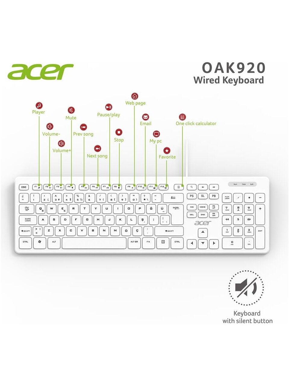 Acer OAK920 Q Usb Beyaz 1.8mt Kablolu Klavye/Tek Tuş Hesap Makinalı (Sessiz Tuş)