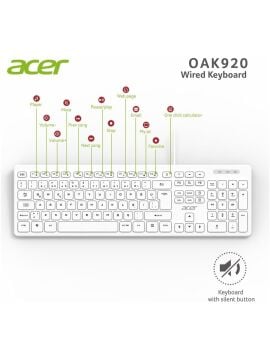 Acer OAK920 Q Usb Beyaz 1.8mt Kablolu Klavye/Tek Tuş Hesap Makinalı (Sessiz Tuş)