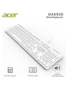 Acer OAK920 Q Usb Beyaz 1.8mt Kablolu Klavye/Tek Tuş Hesap Makinalı (Sessiz Tuş)